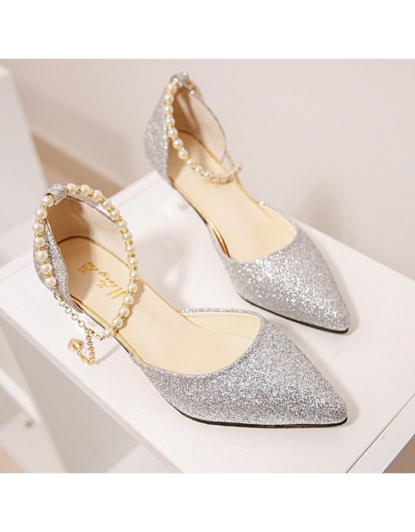 Summer new women's sandals pointed Korean fashion sequins high heels women's beading comfortable and versatile women's sandals