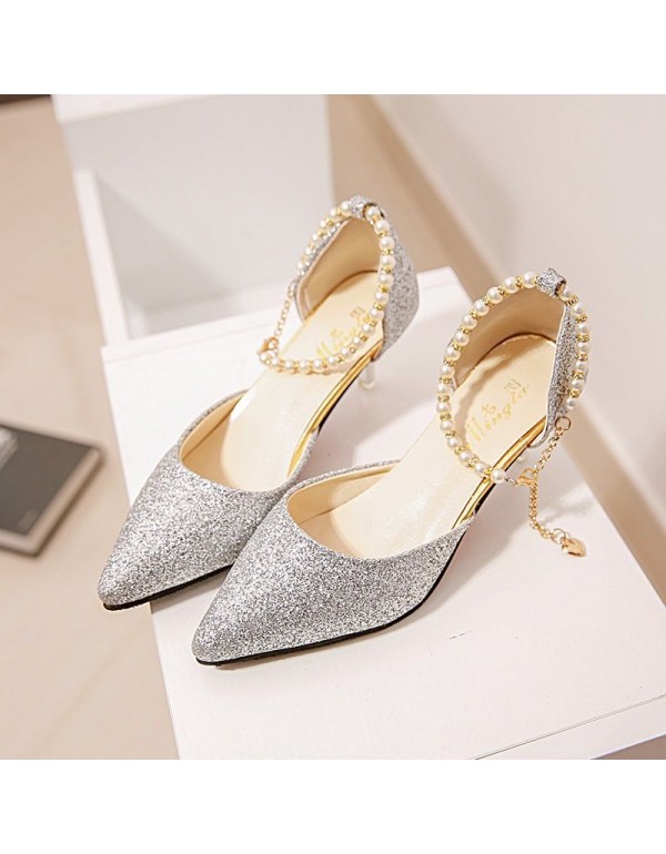 Summer new women's sandals pointed Korean fashion sequins high heels women's beading comfortable and versatile women's sandals