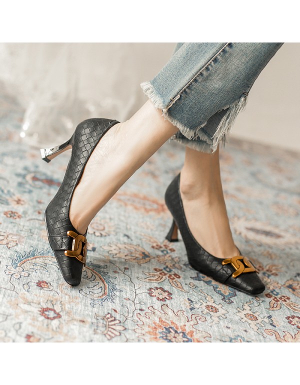 Single shoe women's 2021 spring new fashion shoes retro square head Korean version 7.5cm high heels black ol work shoes 